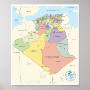 Detaillierte Karte der Regionen Algeriens Poster