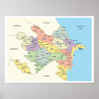 Detaillierte Karte der Regionen Aserbaidschans Poster