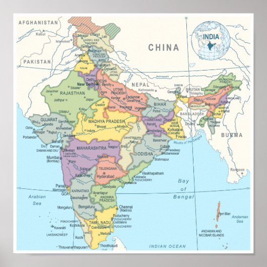 Detaillierte Karte Indiens Poster (Vorne)