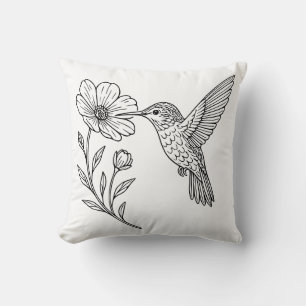 Detaillierte Kolibrilinienkunst mit Wildblume Kissen