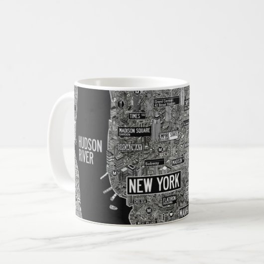 Detaillierte NYC neue York Stadtkarte schwarz-weiß Kaffeetasse (Vorderseite Links)