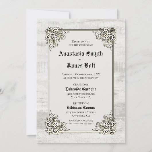 Detaillierte Rustikale Holzschnitzel Hochzeit Einladung (Vorderseite)