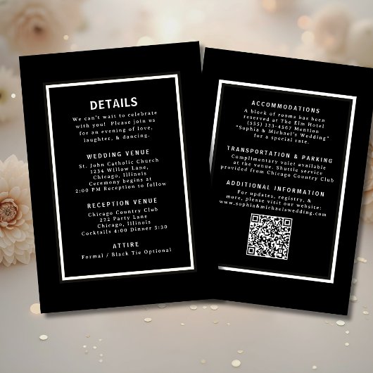 Detaillierte Schwarz-Weiß-Hochzeitsangabe - QR-Cod Einladung