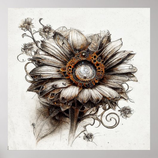 Detaillierte Steampunk Daisy Sketch in Bleistift-P Poster (Vorne)