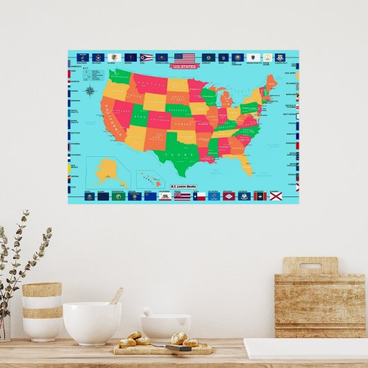Detaillierte USA-Karte mit Staatsflaggen Poster (Küche)