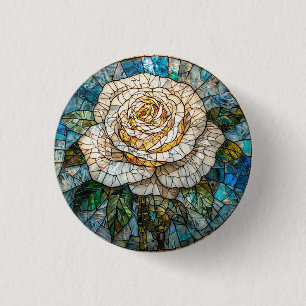 Detaillierte Weiße Rose Schöne Glasmalerei Button