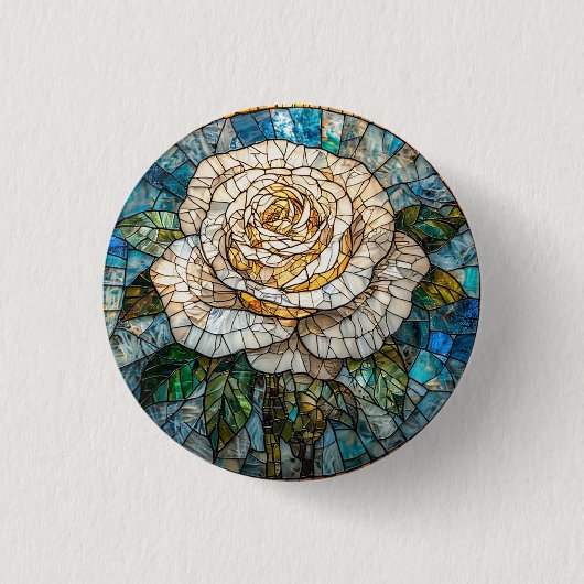 Detaillierte Weiße Rose Schöne Glasmalerei Button (Vorderseite)