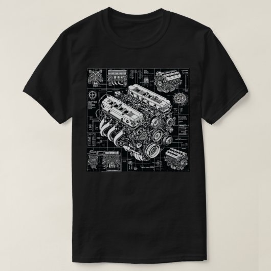 Detaillierter Motor Blueprint T-Shirt (Design vorne)