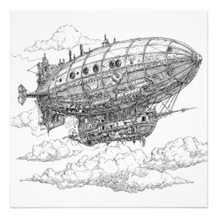 Detaillierter Vintager Steampunk Dirigible Zeichne Fotodruck