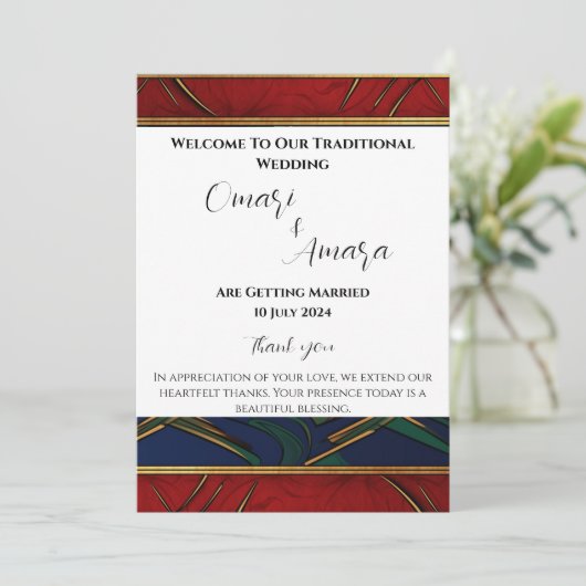 Detailliertes Afrozentrisches Hochzeitsprogramm fü Einladung (Stehend Vorderseite)