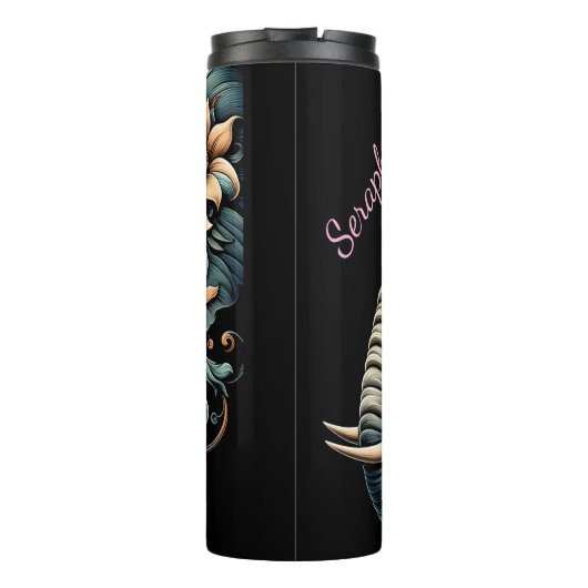 Detailliertes Elefantenprofil: Blumenakzente Thermosbecher (Rückseite)