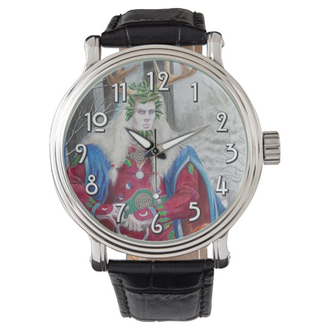 Detailportrait der keltischen Holly King Watch Armbanduhr (Vorderseite)