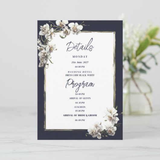 Detailprogramm für den Luxusmarineblau mit weißer Einladung (Stehend Vorderseite)