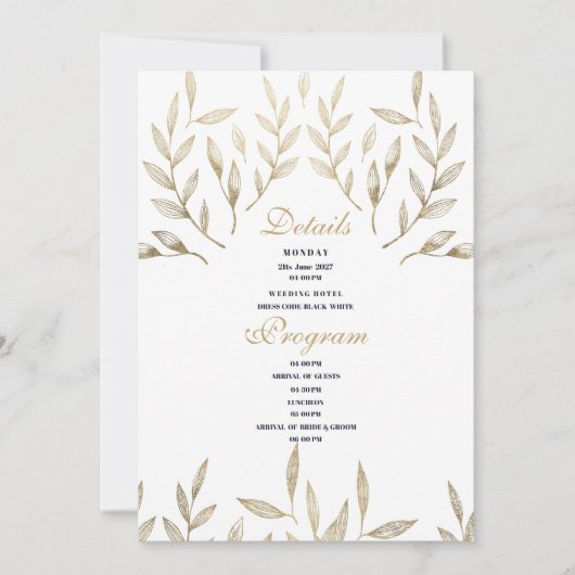 Detailprogramm für einfaches, weißes Blattgold Einladung (Vorderseite)