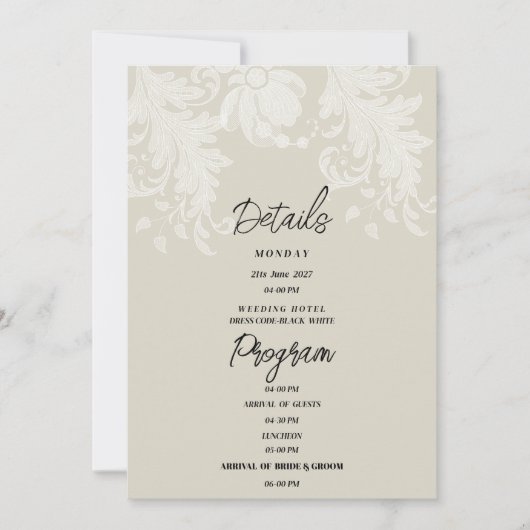 Detailprogramm zur rustikalen, neutralen weißen Bl Einladung (Vorderseite)