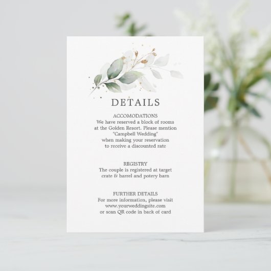 DETAILS Botanischer Garten Gold Wedding QR Code Begleitkarte (Stehend Vorderseite)