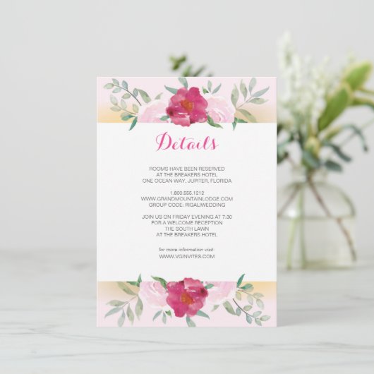 Details Card Rosa Blumenzwiebelhochzeit Einladende Einladung (Stehend Vorderseite)