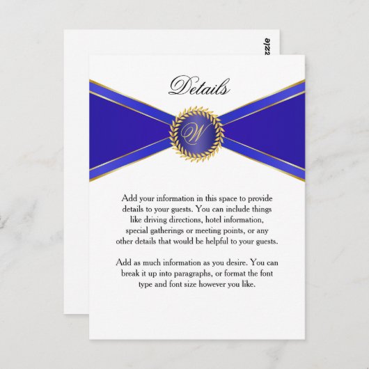 Details Card Royal Blue Elegance mit Monogram Postkarte (Vorne/Hinten)