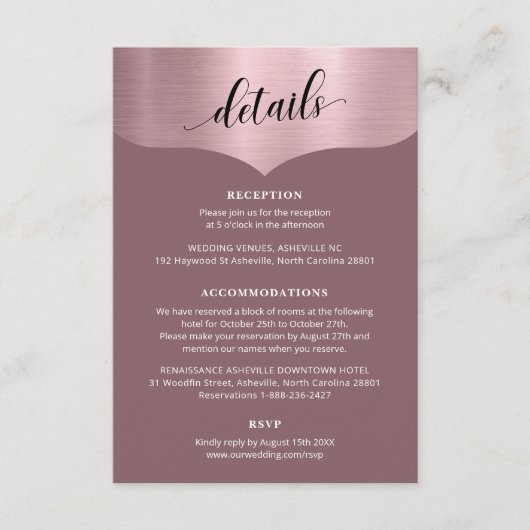 Details Chic Script Metallic Rose Gold Wedding Begleitkarte (Vorderseite)