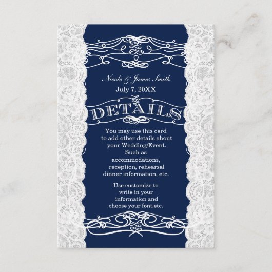 DETAILS für Hochzeitsauftritte in Blau und Weiß Begleitkarte (Vorderseite)