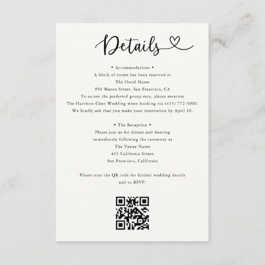 Details Herz QR Code RSVP Hochzeit Beilagekarte Begleitkarte (Vorderseite)
