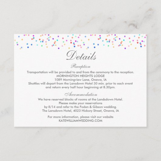 Details Hochzeiten farbenfrohe Regenbogen Confetti Begleitkarte (Vorderseite)