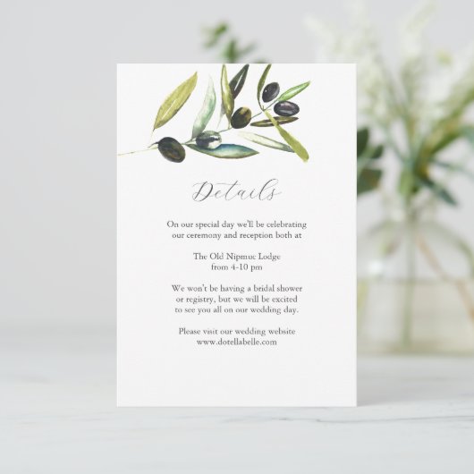 Details Hochzeitssaftkarte Wasserfarbenes Olive Begleitkarte (Stehend Vorderseite)