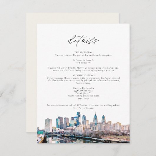 Details-Karte für die Aquarellfarben-Philadelphia- Einladung (Vorne/Hinten)