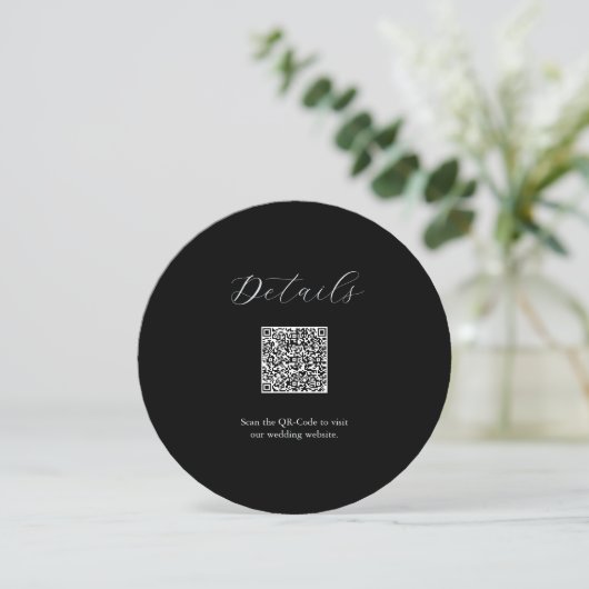 Details QR Codelkarte Schwarz und Weiß Hochzeit Einladung (Stehend Vorderseite)