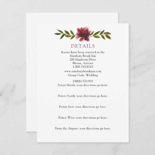 Details und Anleitungen zur Hochzeit in Burgund Begleitkarte (Vorne/Hinten)