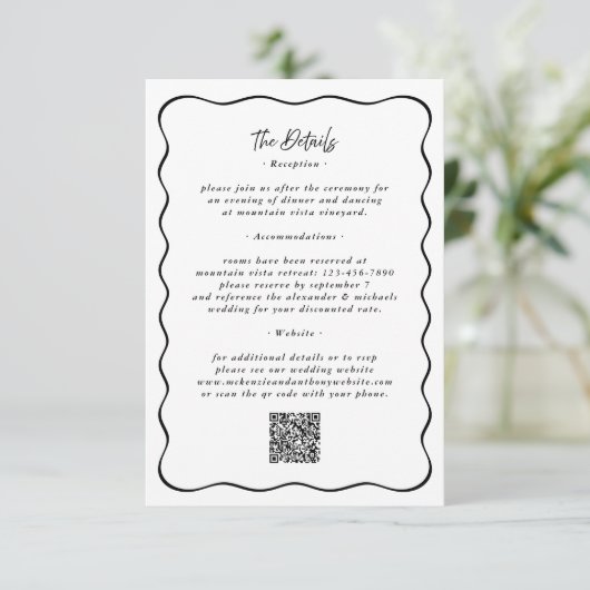 Details Wavy Border QR Code Hochzeiten schwarz Begleitkarte (Stehend Vorderseite)