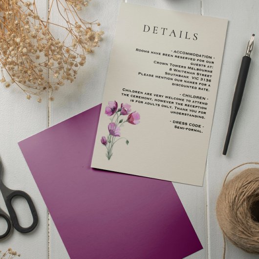 Details zu Boho Floral Plum und Beige Hochzeiten Begleitkarte