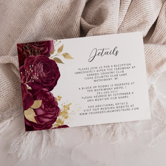 Details zu Burgundy Bloral Gold Script Hochzeiten Begleitkarte