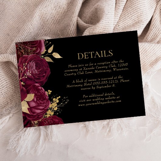 Details zu Burgundy Gold Floral Black Wedding RSVP Karte