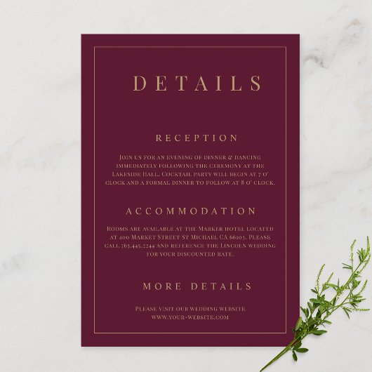 Details zu Burgundy & Gold-Hochzeiten Begleitkarte