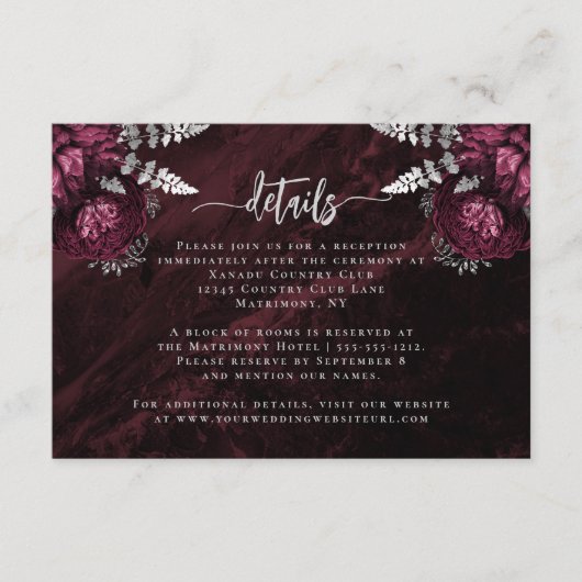 Details zu Burgundy Silver Floral Script Hochzeite Begleitkarte (Vorderseite)