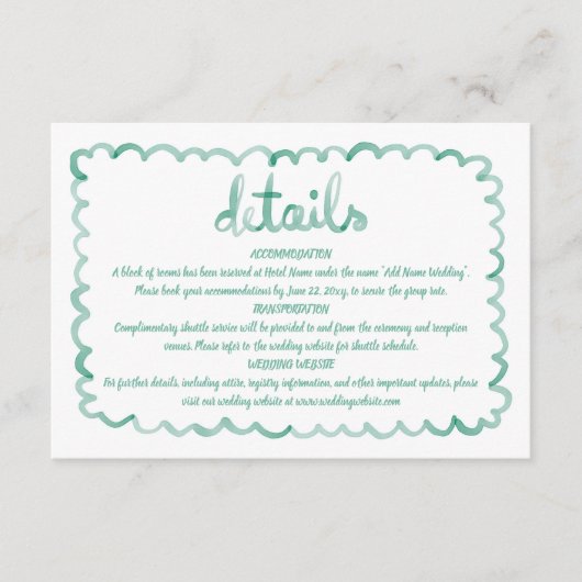 Details zu den handgezogenen, grünen Rahmen Begleitkarte (Vorderseite)