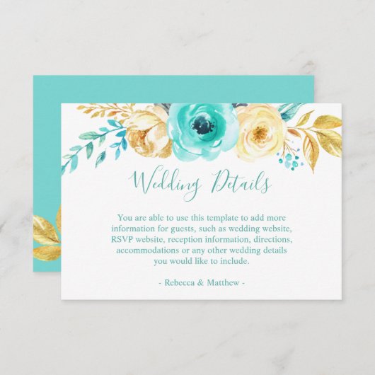 Details zu den Hochzeiten in Chic Turquoise Gold F Begleitkarte (Vorne/Hinten)