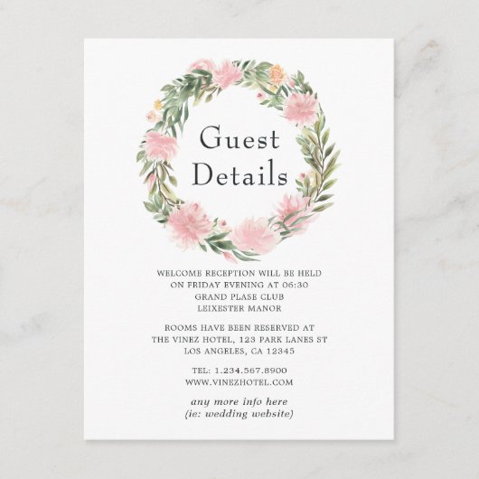 Details zu den Hochzeitsgästen in tropischem Rosa Begleitkarte (Vorderseite)