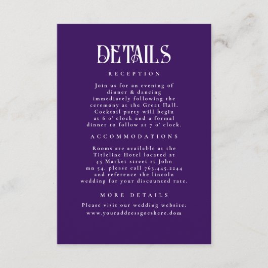 Details zu dunklen Lila Hochzeiten der Nachtstars Begleitkarte (Vorderseite)