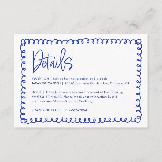 Details zu handgeschriebenen Blue French Retro-Hoc Begleitkarte (Vorderseite)