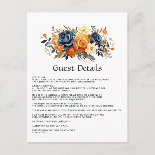 Details zu Hochzeiten der Marine und Orange Floral Begleitkarte (Vorderseite)