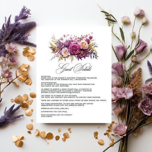 Details zu Mauve und Gold Floral Wedding Begleitkarte