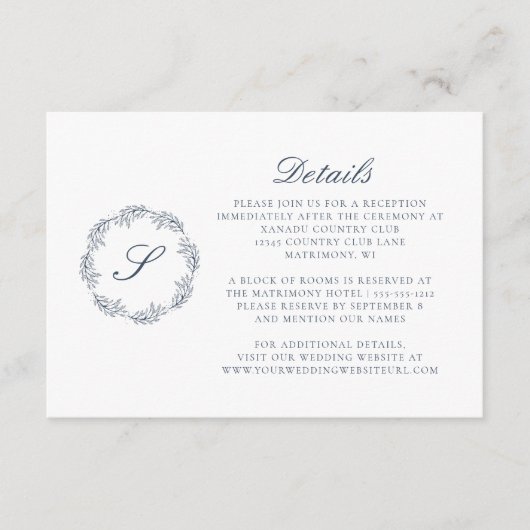 Details zu Mongram Script Wreath Indigo Blue Weddi Begleitkarte (Vorderseite)