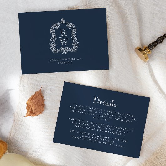 Details zu Monogram Wappen Navy Blue Hochzeitssach Begleitkarte