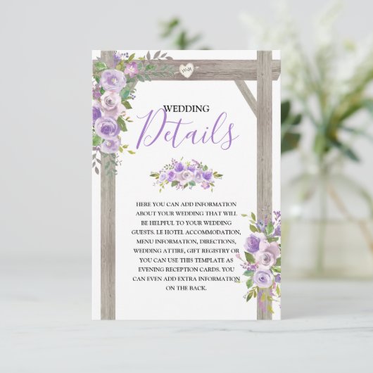 Details zu rustikalen Lila Blumenhochzeiten Begleitkarte (Stehend Vorderseite)