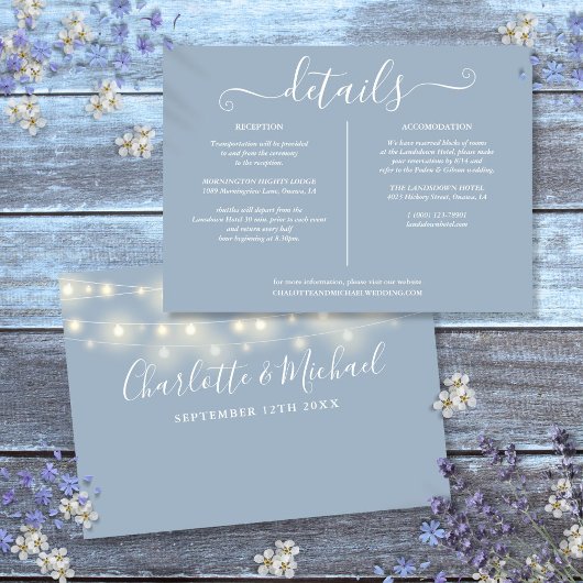 Details zu String Lights Dusty Blue Wedding Einladung