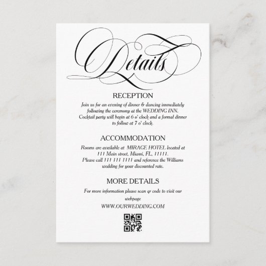 Details zu weißen und schwarzen, eleganten Skripte Begleitkarte (Vorderseite)