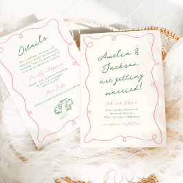 Details zu Whimsical Hand Drawn Pink & Green Weddi Einladung