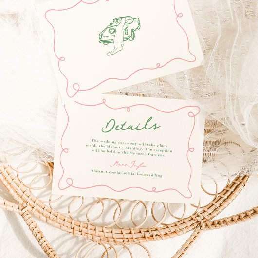 Details zu Whimsical Hand Drawn Pink & Green Weddi Einladung